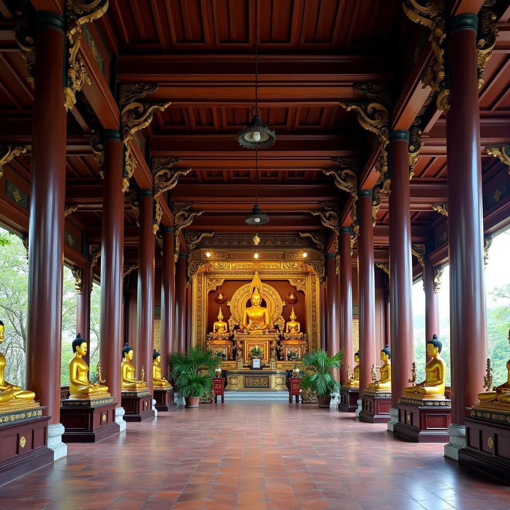 Bên trong chính điện Chùa Hưng Ký với các pho tượng Phật được bài trí trang nghiêm